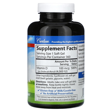Carlson Labs, D3 4000 IU, 360 Softgels UPC 088395014338 | HiLife Vitamins