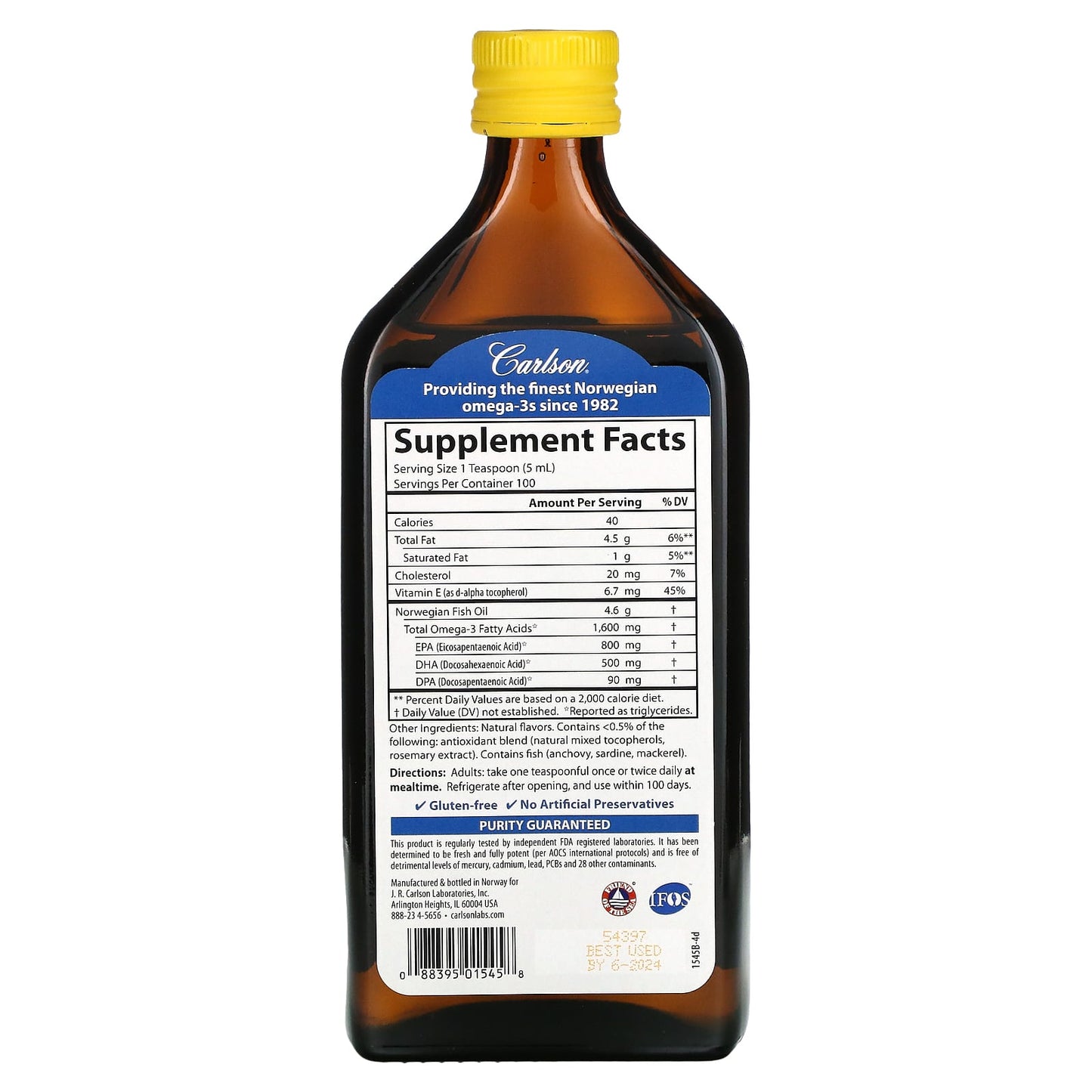 Carlson Labs, The Very Finest Fish Oil Lemon, 16.9 Oz - 088395015458 | Hilife Vitamins