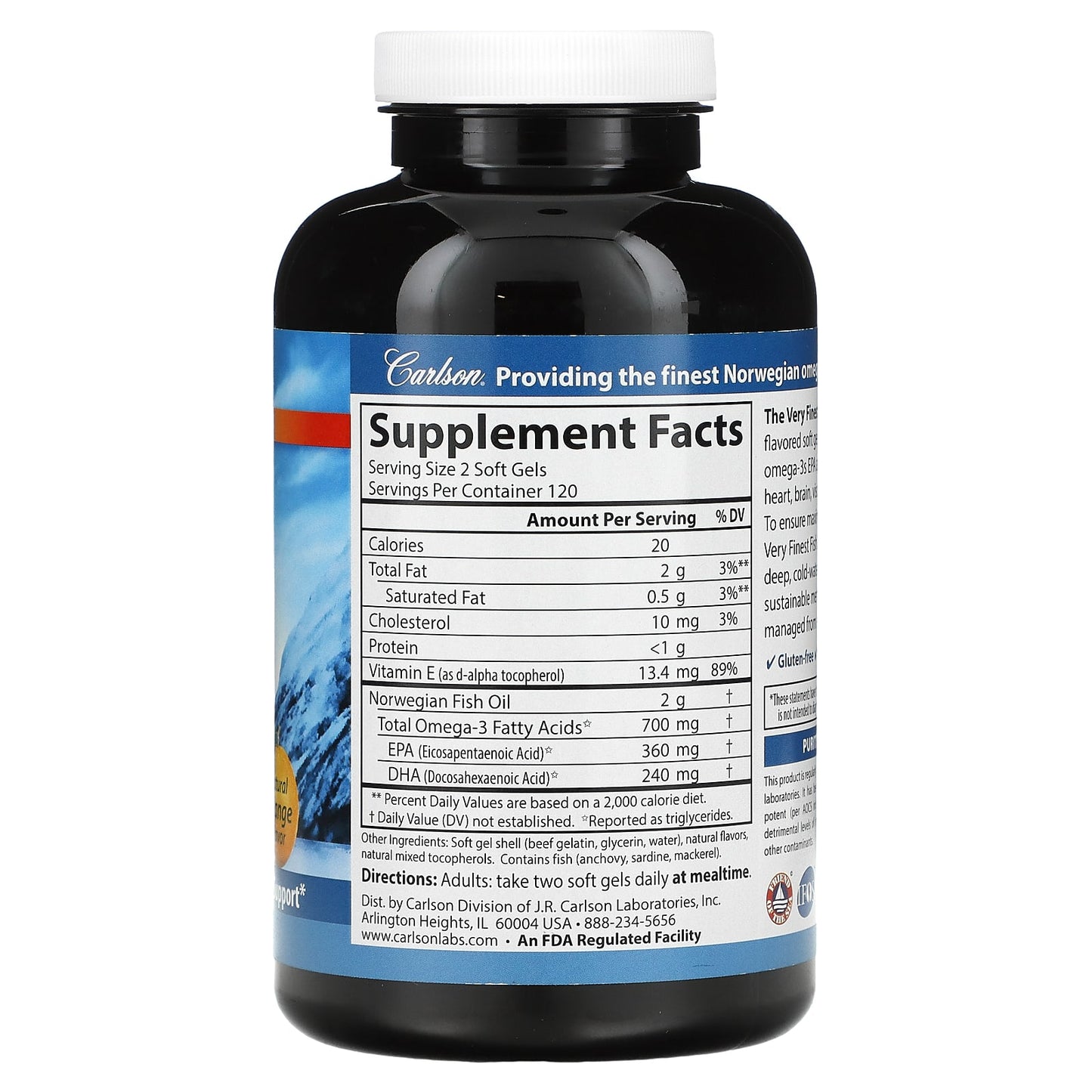 Carlson Labs, Very Finest Norwegian Fish Oil, 240 Softgels UPC 088395016424 | HiLife Vitamins