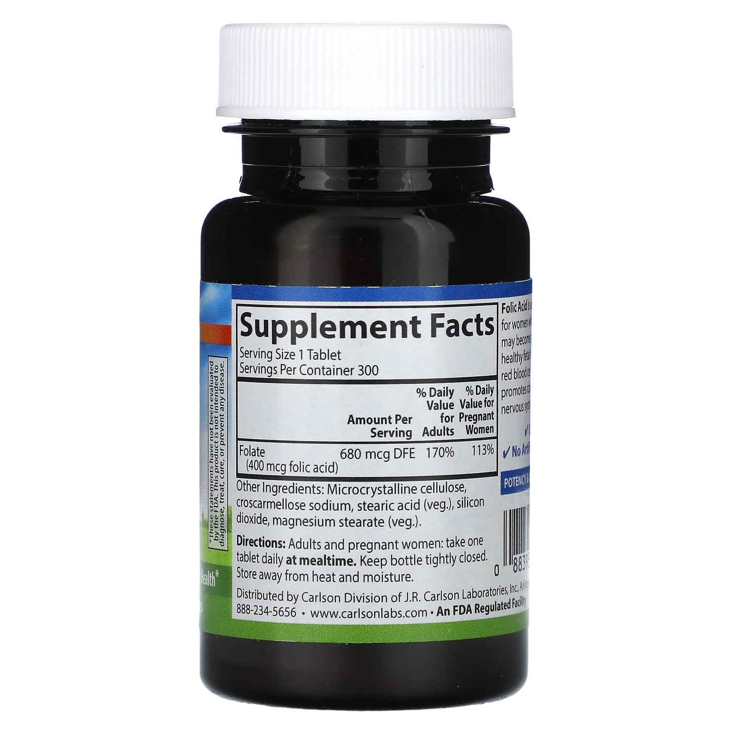 Carlson Labs, Folic Acid 400 mcg, 300 Tablets UPC 088395026539 | HiLife Vitamins