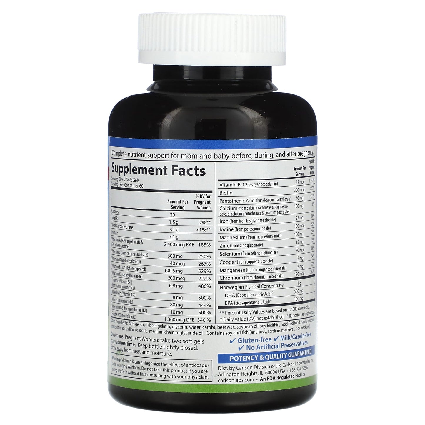 Carlson Labs, Pre-Natal Multi with DHA, 120 Softgels UPC 088395044052 | HiLife Vitamins