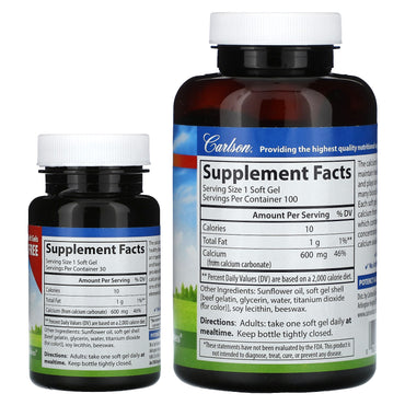 Carlson Labs, Liq Cal-600, 130 Softgels UPC 088395051548 | HiLife Vitamins