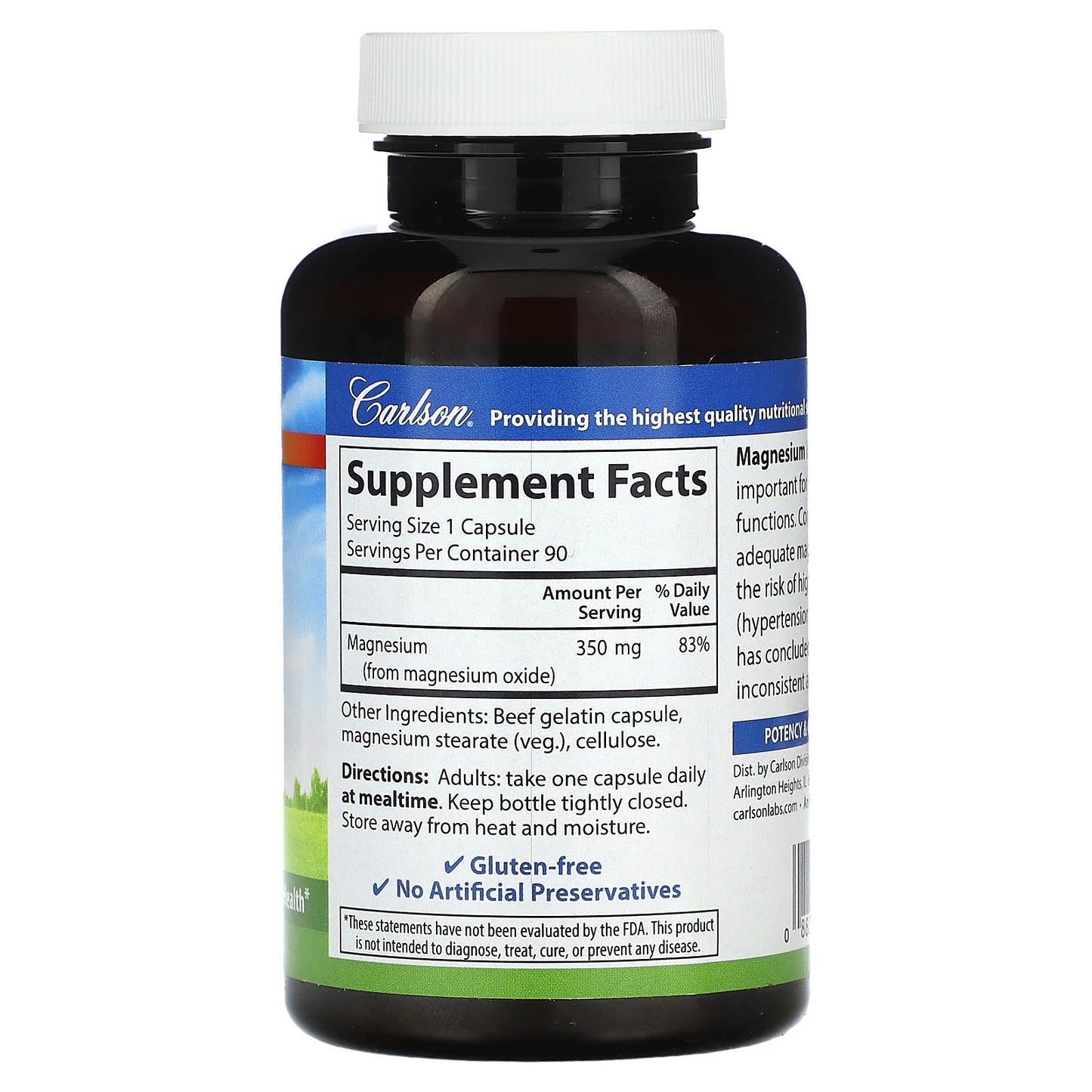Carlson Labs, Magnesium, 90 Capsules UPC 088395052217 | HiLife Vitamins