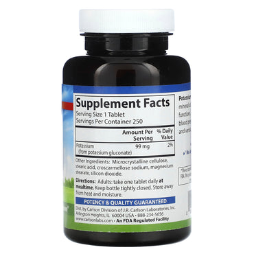 Carlson Labs, Potassium 99mg, 250 Tablets UPC 088395052323 | HiLife Vitamins