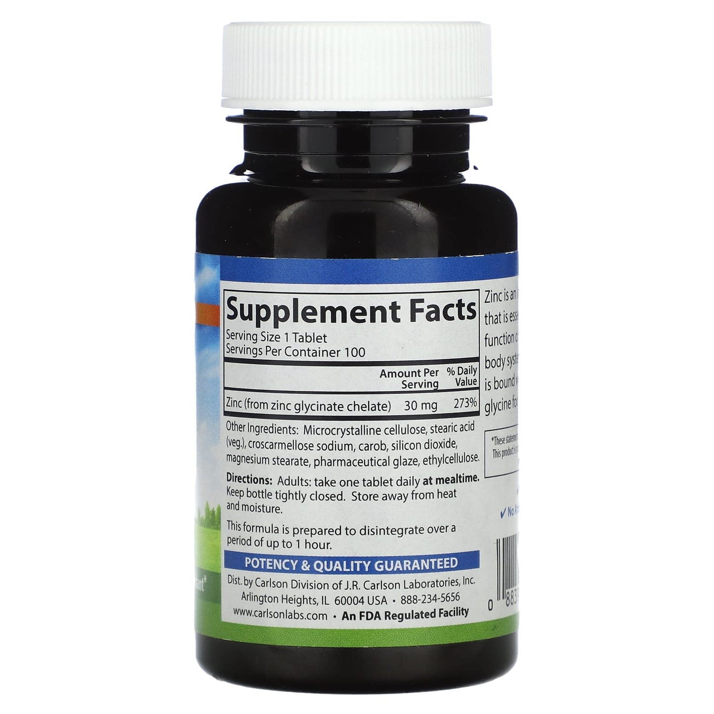 Carlson Labs, Chelated Zinc 30mg, 100 Tablets UPC 088395057717 | HiLife Vitamins