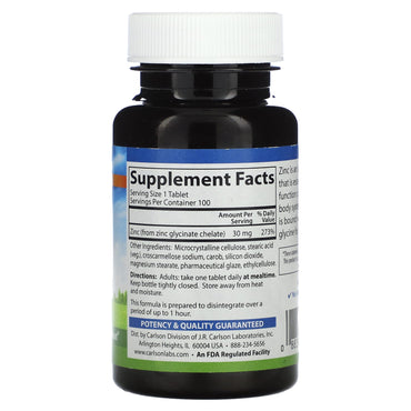 Carlson Labs, Chelated Zinc 30mg, 100 Tablets UPC 088395057717 | HiLife Vitamins