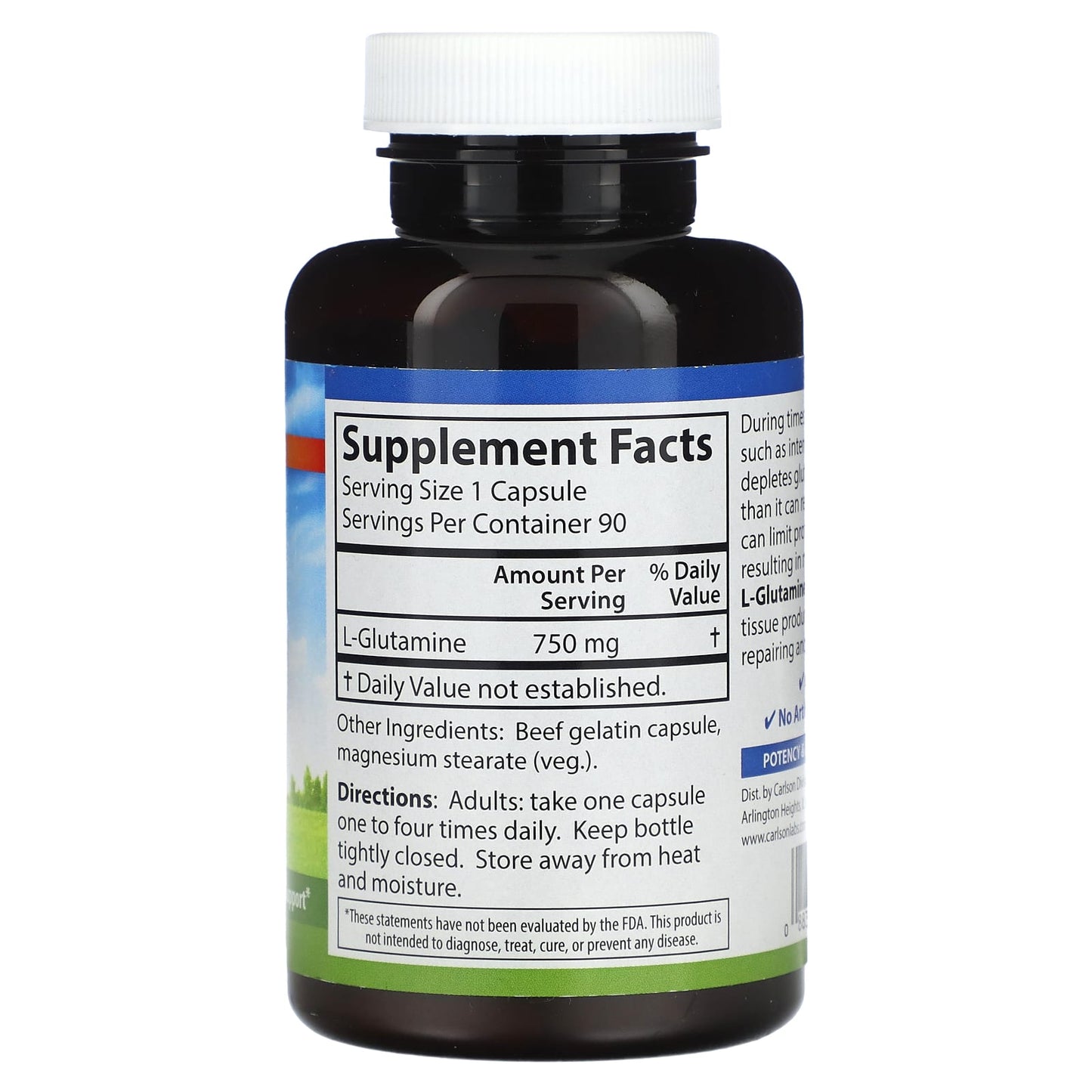 Carlson Labs, L-Glutamine 750mg, 90 Capsules UPC 088395068218 | HiLife Vitamins
