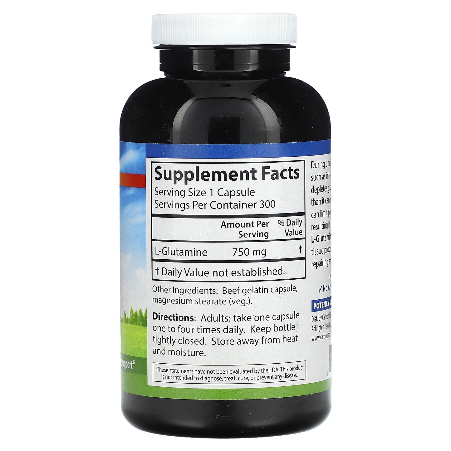 Carlson Labs, L-Glutamine 750mg, 300 Capsules UPC 088395068232 | HiLife Vitamins