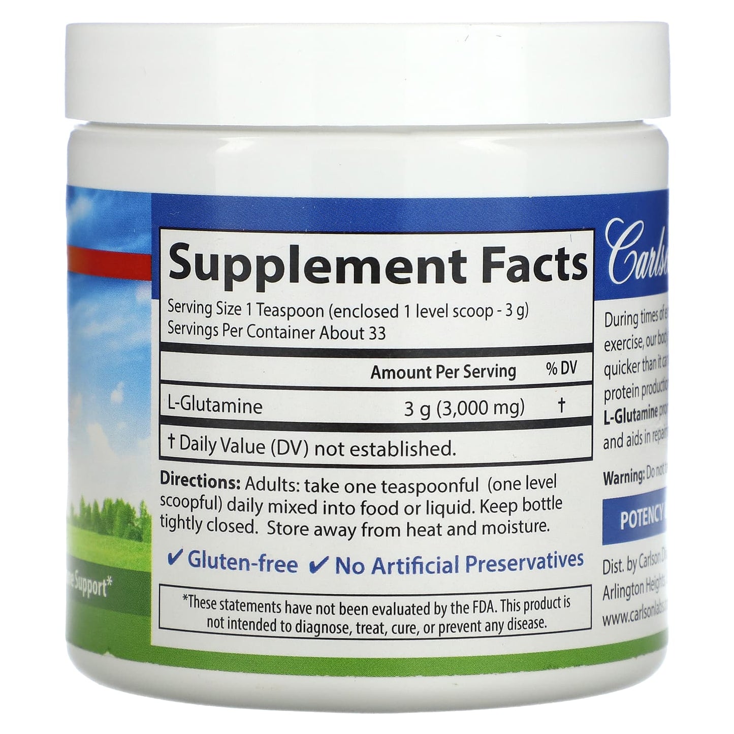 Carlson Labs, L-Glutamine Pwd, 100 Bottle UPC 088395068256 | HiLife Vitamins