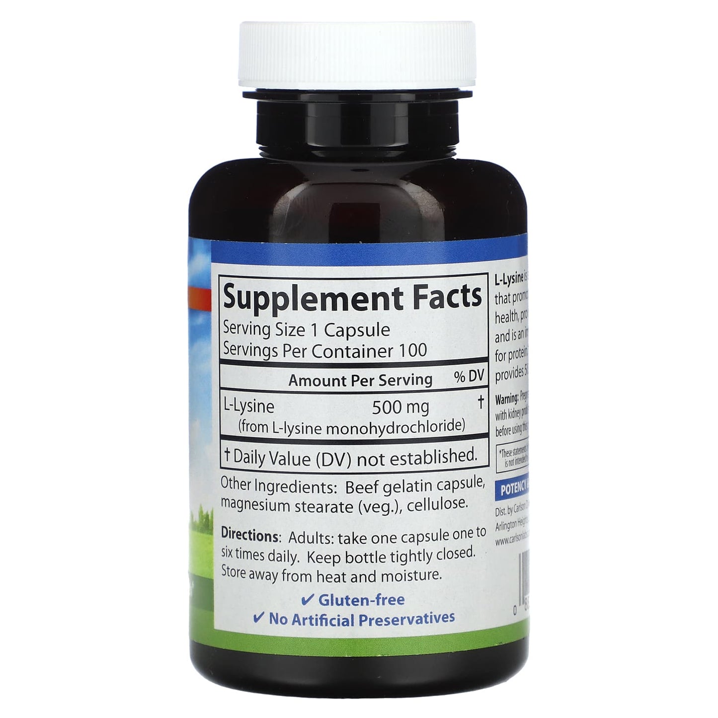 Carlson Labs, L-Lysine, 100 Capsules UPC 088395068812 | HiLife Vitamins