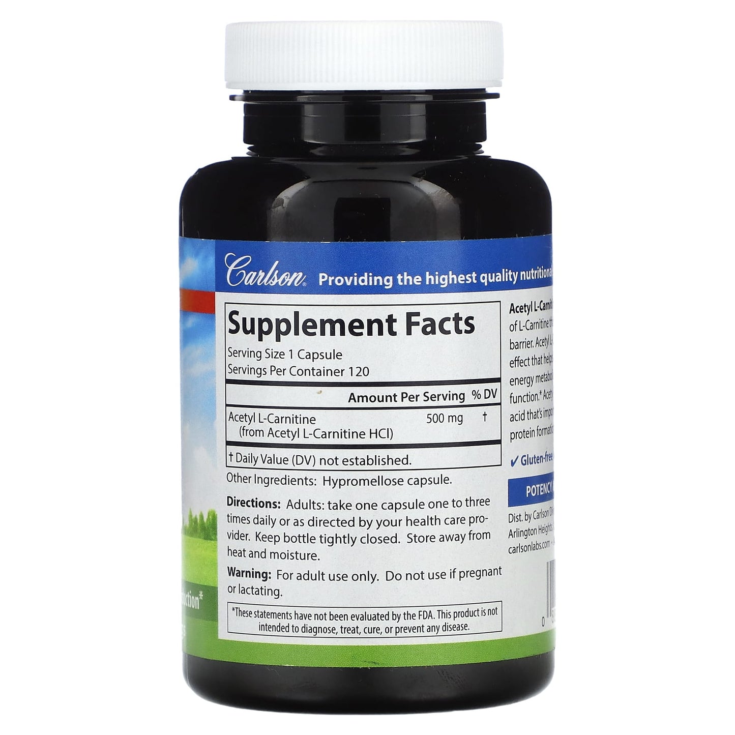 Carlson Labs, Acetyl L-Carnitene 500 MG 120, 120 Capsules UPC 088395079214 | HiLife Vitamins