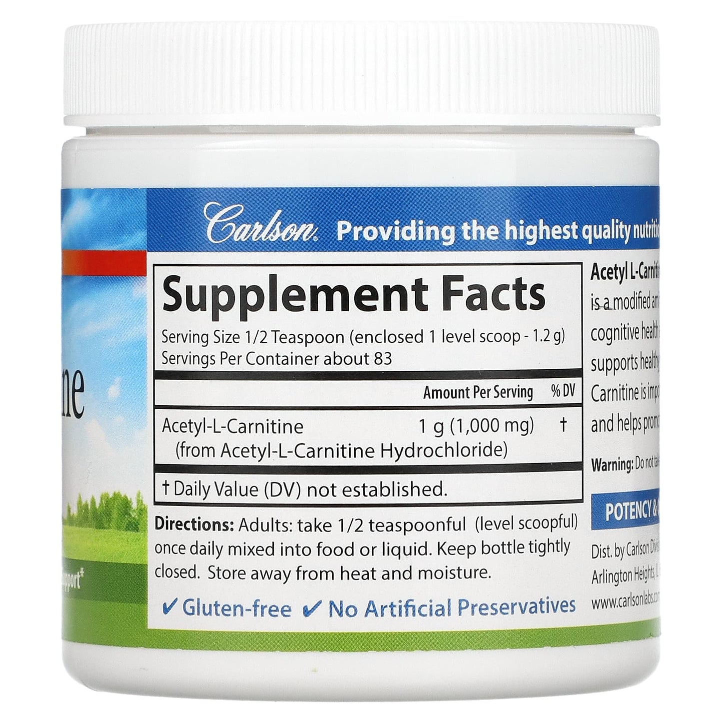 Carlson Labs, Acetyl L-Carnitine Powder, Free-Form Amino Acid, 3.53 oz (100g) UPC 088395079252 | HiLife Vitamins