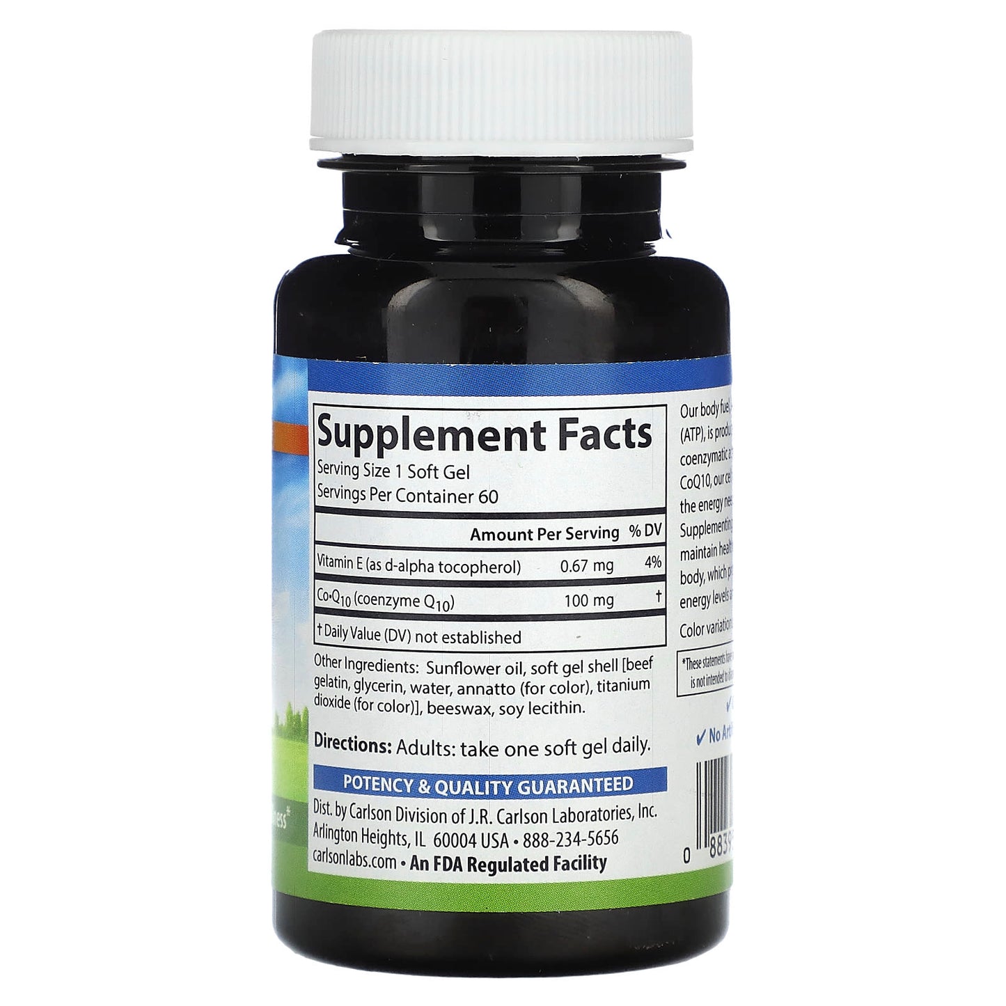 Carlson Labs, Co-Q-10 100 mg, 60 Softgels UPC 088395082467 | HiLife Vitamins