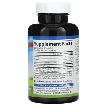 Carlson Labs, Co-Q-10 200mg, 90 Softgels UPC 088395082511 | HiLife Vitamins