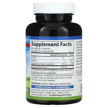 Carlson Labs, Co-Q-10 300mg, 90 Softgels UPC 088395082610 | HiLife Vitamins
