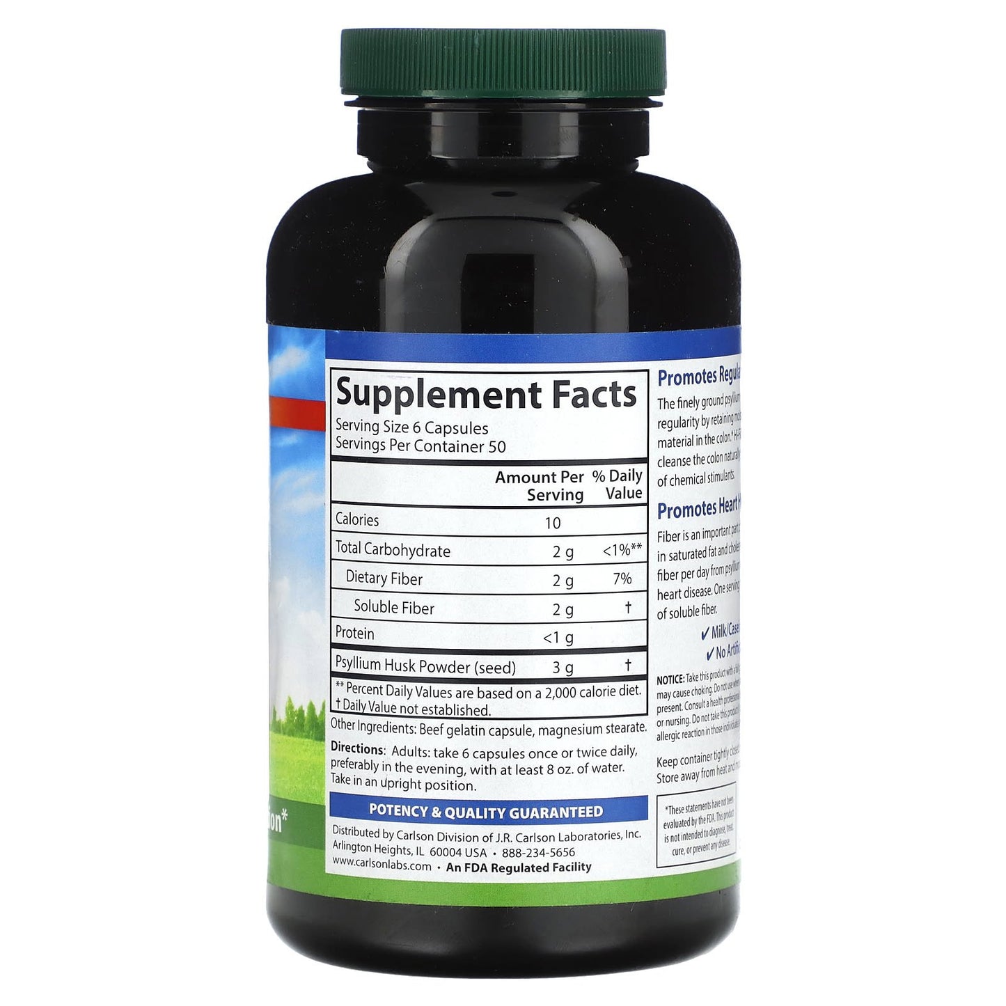 Carlson Labs, Psyllium 500mg, 300 Capsules UPC 088395085352 | HiLife Vitamins