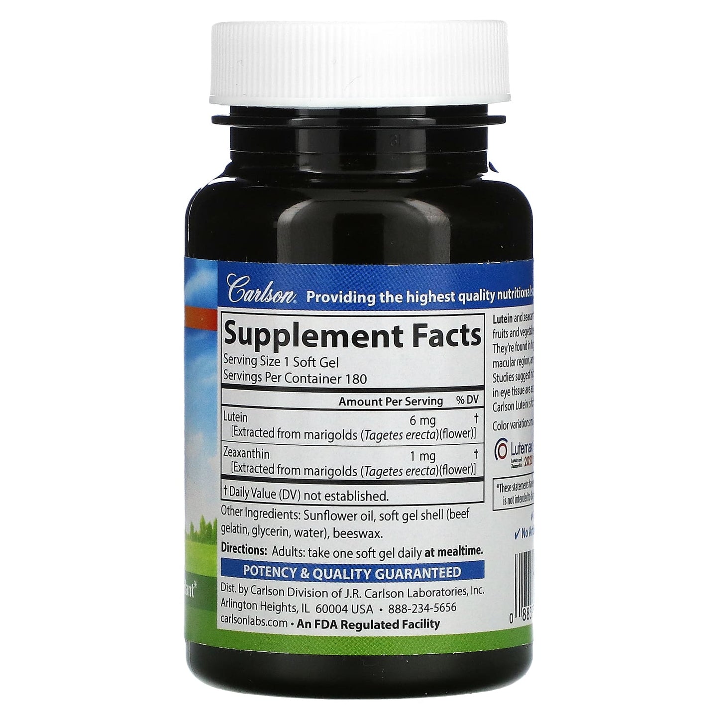 Carlson Labs, Lutein 6 mg, 180 Softgels UPC 088395086526 | HiLife Vitamins