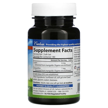 Carlson Labs, Lutein 6 mg, 180 Softgels UPC 088395086526 | HiLife Vitamins