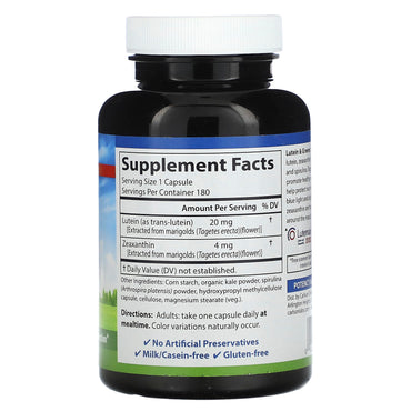 Carlson Labs, Lutein 15mg + Kale, 180 Capsules UPC 088395086625 | HiLife Vitamins