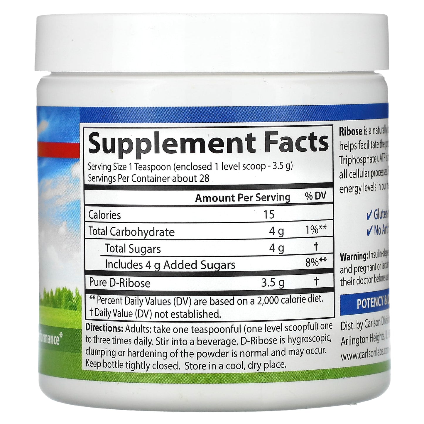Carlson Labs, Ribose Powder 100 Gr., 1 Bottle UPC 088395088254 | HiLife Vitamins