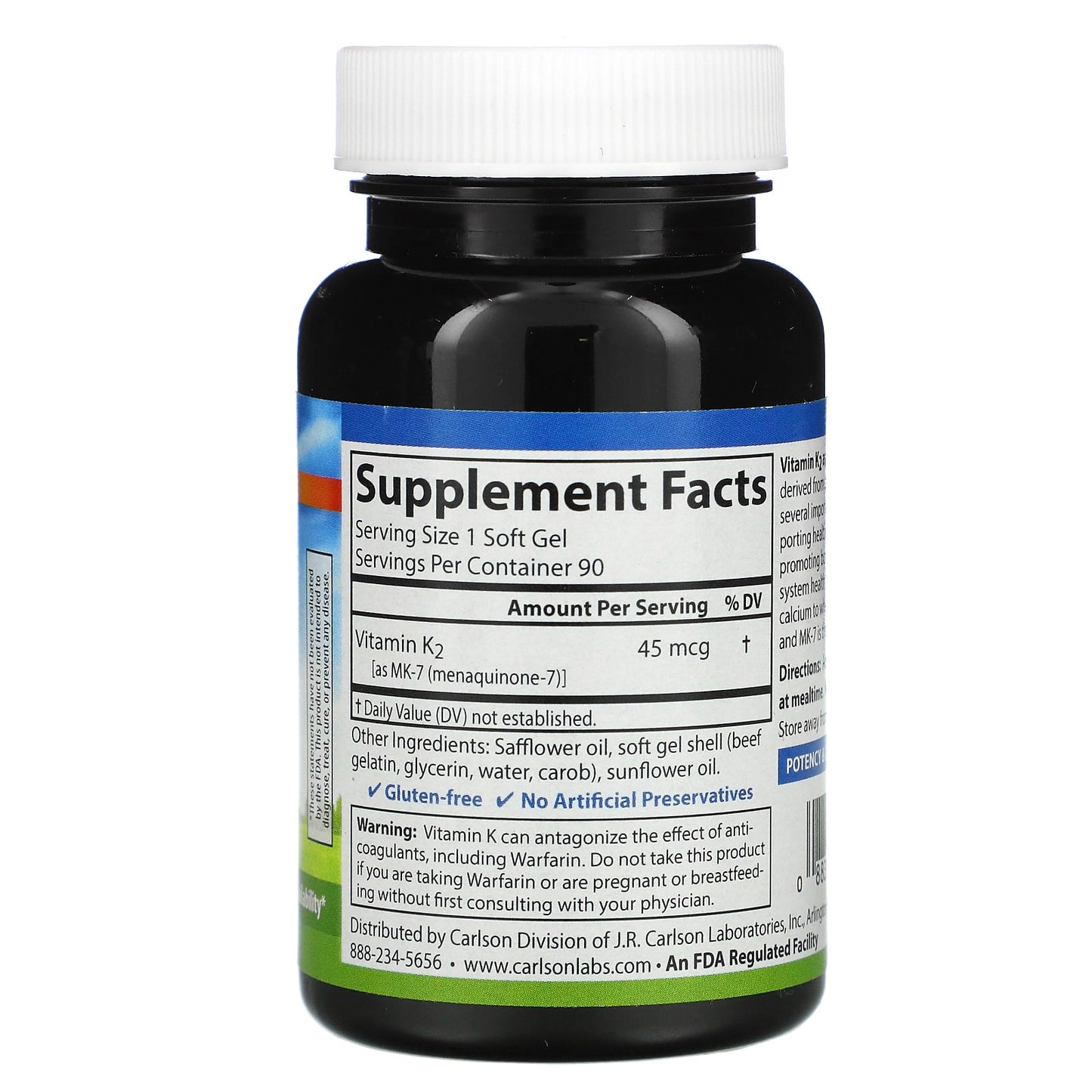 Carlson Labs, K2-7 45 mcg, 90 Softgels UPC 088395101106 | HiLife Vitamins