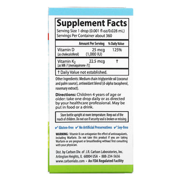 Carlson Labs, Kid's Super Daily® D3 + K2, 0.34 fl oz (10.16 ml) UPC 088395105302 | HiLife Vitamins