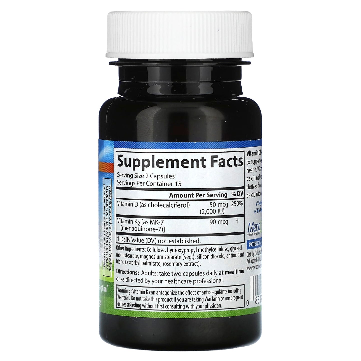 Carlson Labs, D3 & K2 Caps, 30 Capsules UPC 088395106002 | HiLife Vitamins