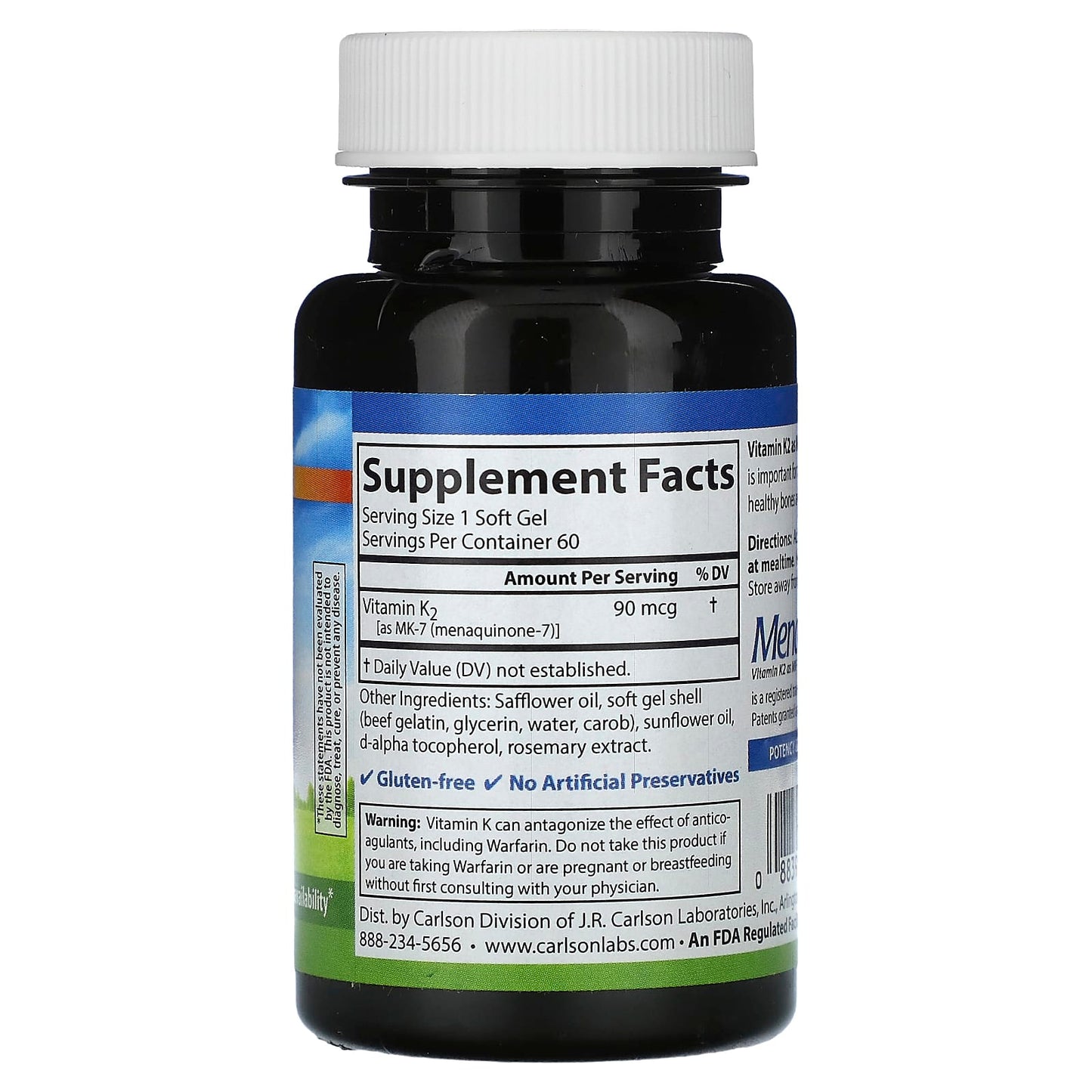 Carlson Labs, K2 MK-7 90mcg, 60 Softgels UPC 088395107108 | HiLife Vitamins