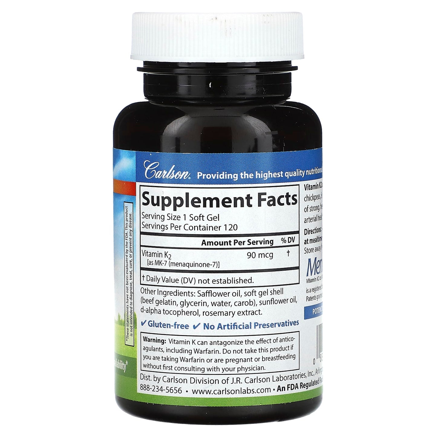 Carlson Labs, K2 MK-7 90mcg, 120 Softgels UPC 088395107207 | HiLife Vitamins