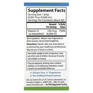 Carlson Labs, Super Daily D3 6,000 IU/ Drop, .35 Oz UPC 088395120008 | HiLife Vitamins