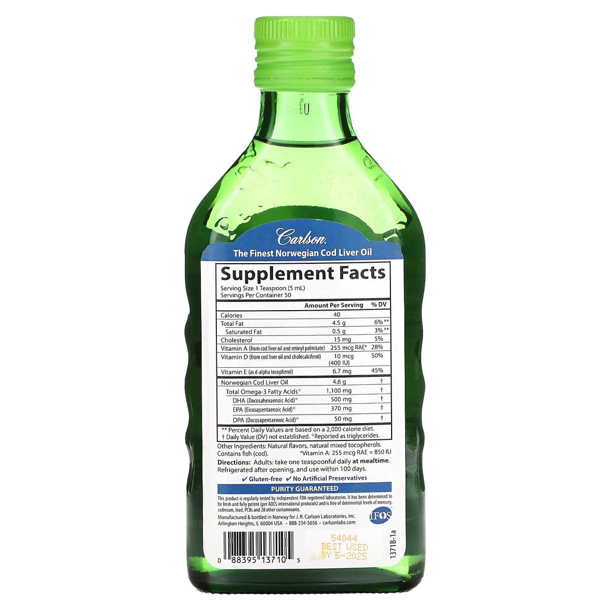 Carlson Labs, Cod Liver Oil, Natural Green Apple , 1,100 mg, 8.4 fl oz UPC 088395137105 | Hilife Vitamins