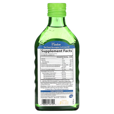 Carlson Labs, Cod Liver Oil, Natural Green Apple , 1,100 mg, 8.4 fl oz UPC 088395137105 | HiLife Vitamins