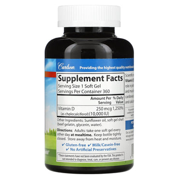 Carlson Labs, D3 10000IU, 360 Softgels UPC 088395142307 | HiLife Vitamins