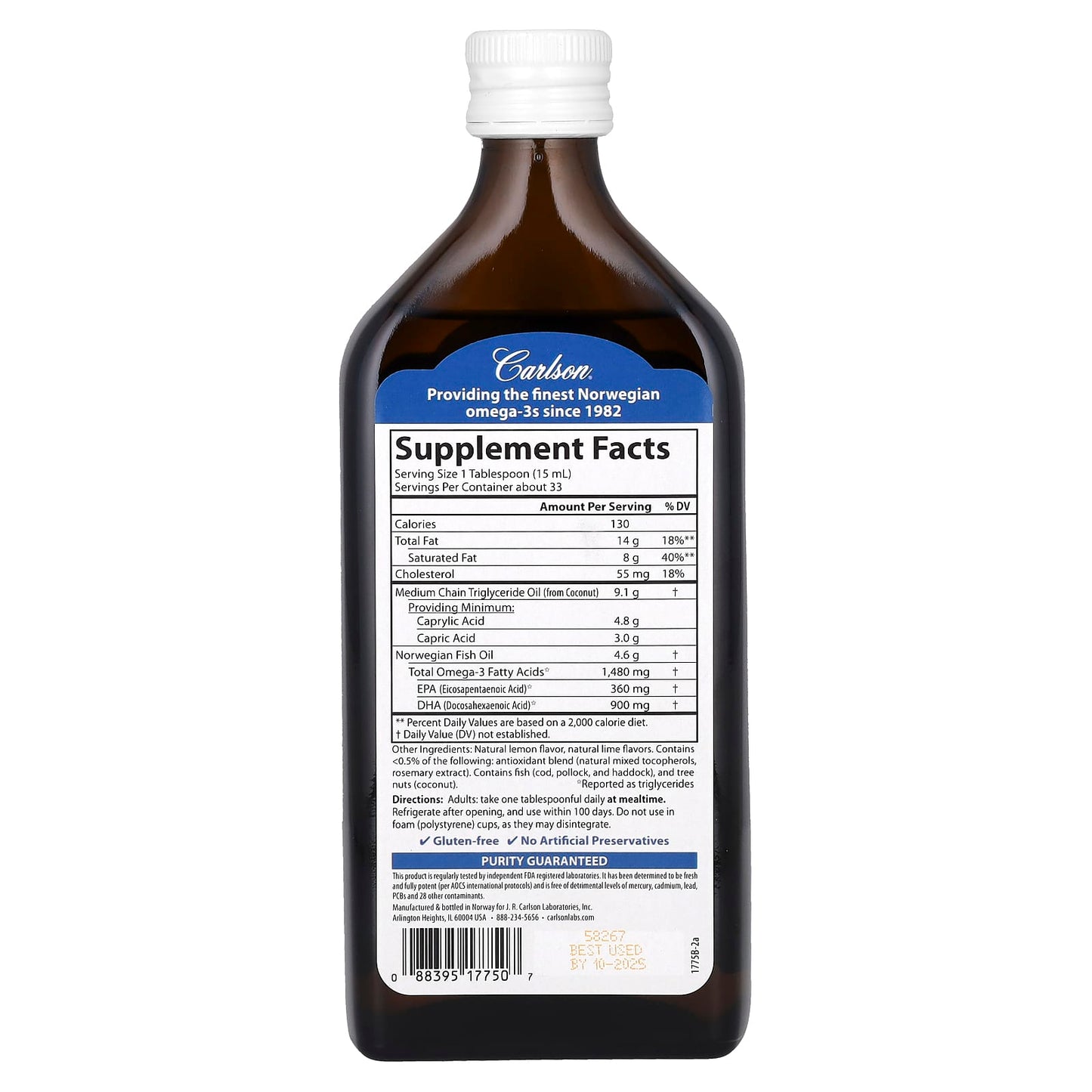 Carlson Labs, MCT & Omega-3 33 Servings, 500 mL UPC 088395177507 | HiLife Vitamins