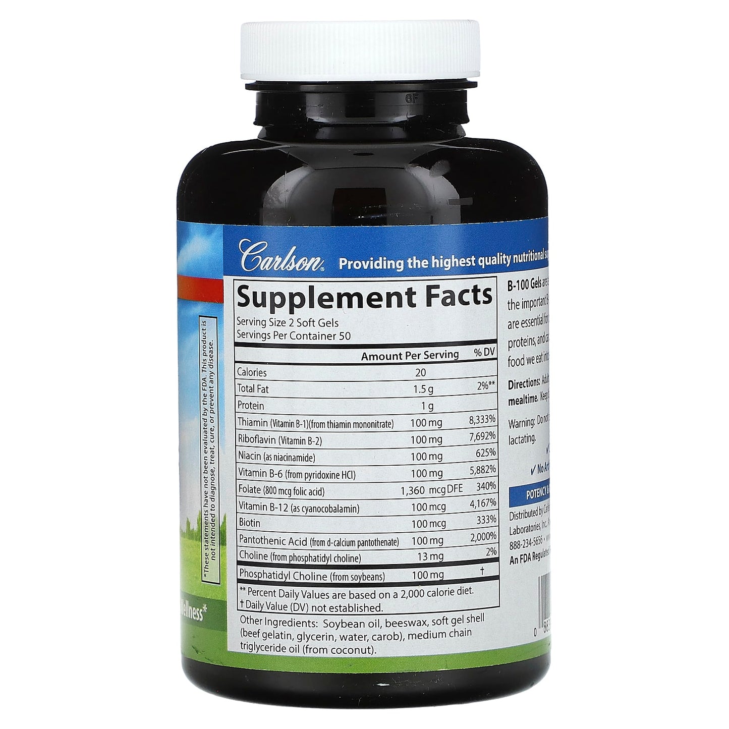 Carlson Labs, B-100, 100 Softgels UPC 088395207303 | HiLife Vitamins