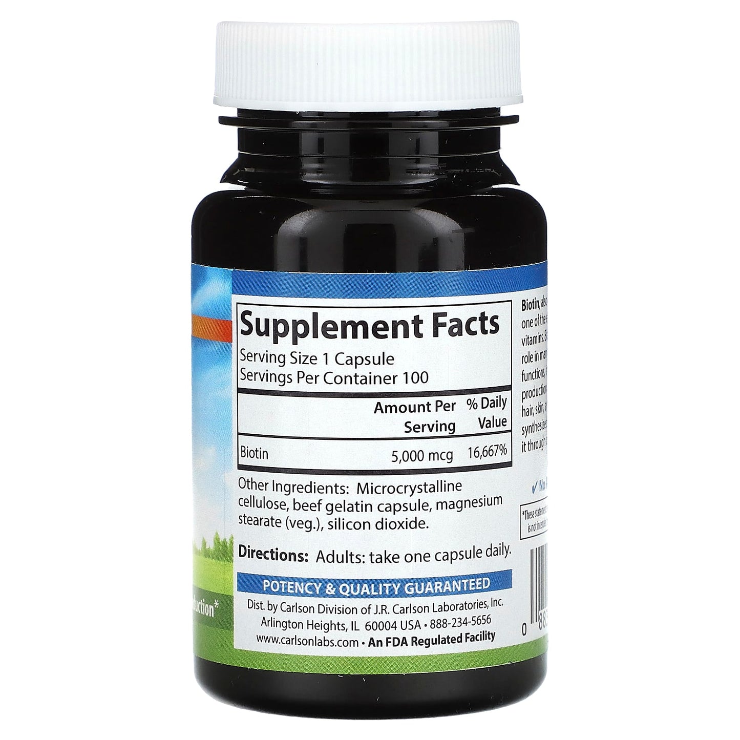 Carlson Labs, Biotin 5mg, 100 Capsules UPC 088395249204 | HiLife Vitamins