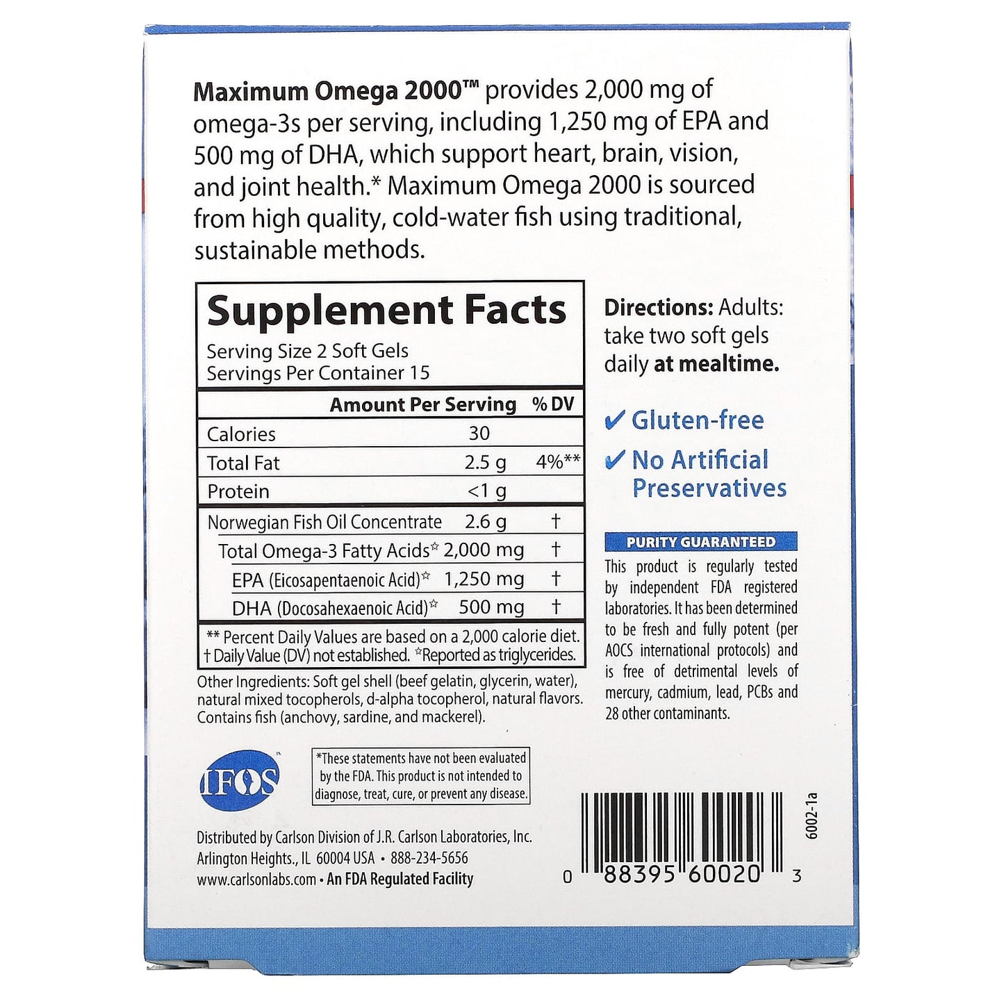 Carlson Labs, Maximum Omega 2000, Natural Lemon, 30 Softgels UPC 088395600203 | HiLife Vitamins