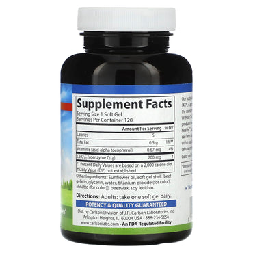 Carlson Labs, Co-Q-10 200mg, 120 Softgels UPC 088395825200 | HiLife Vitamins