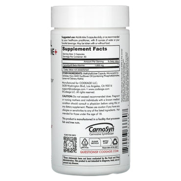 Codeage, Liposomal Beta-Alanine+, Centurion, CarnoSyn, Enhanced Absorption, 180 Capsules UPC 850043333807 | HiLife Vitamins