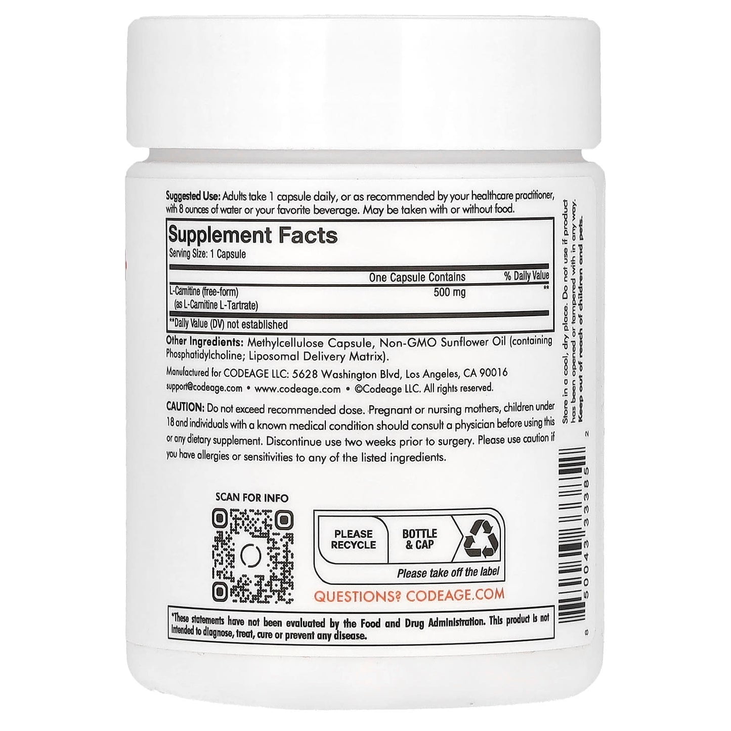 Codeage, Liposomal L-Carnitine+, 90 Capsules UPC 850043333852 | HiLife Vitamins