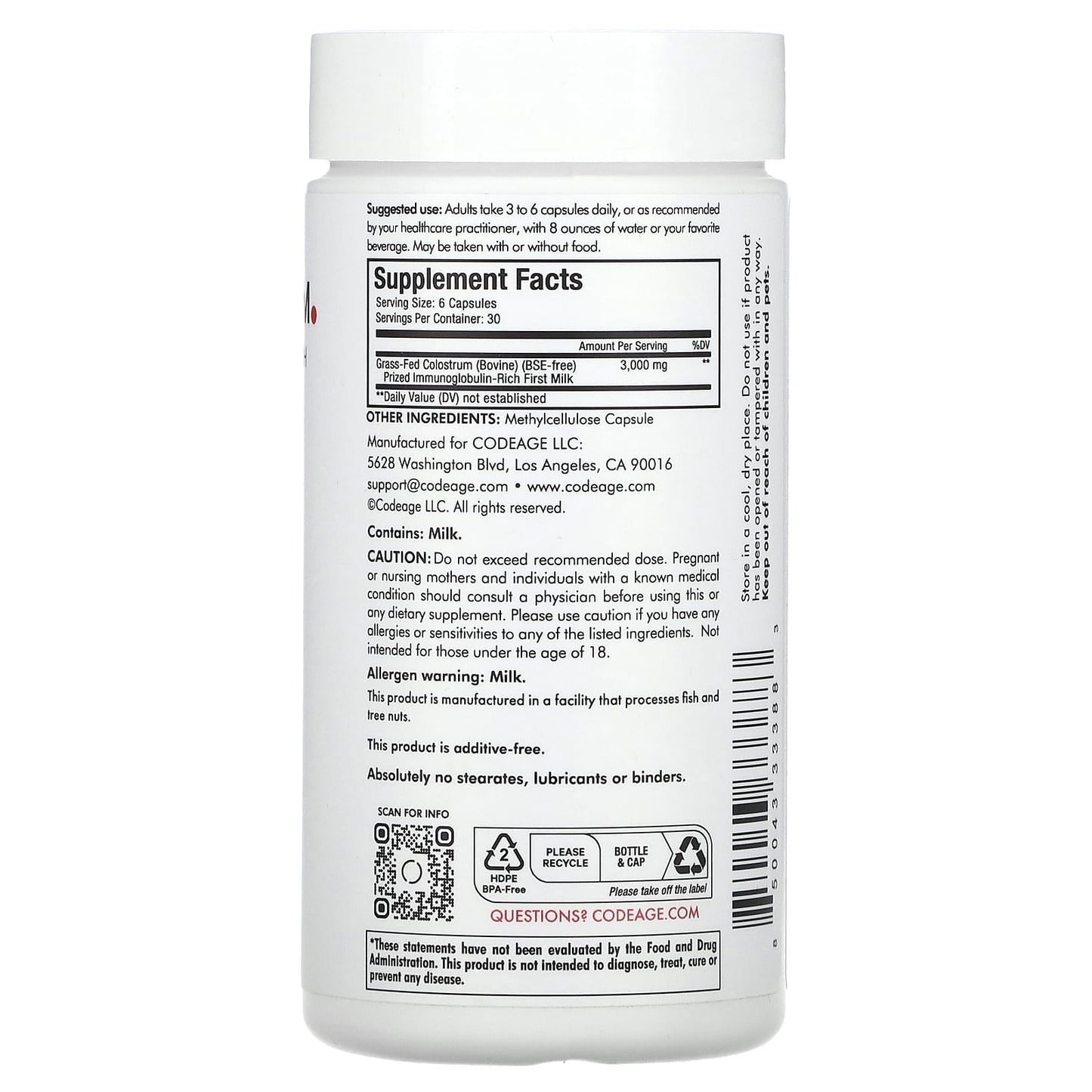 Codeage, Immuno Colostrum, 180 capsules UPC 850043333883 | HiLife Vitamins