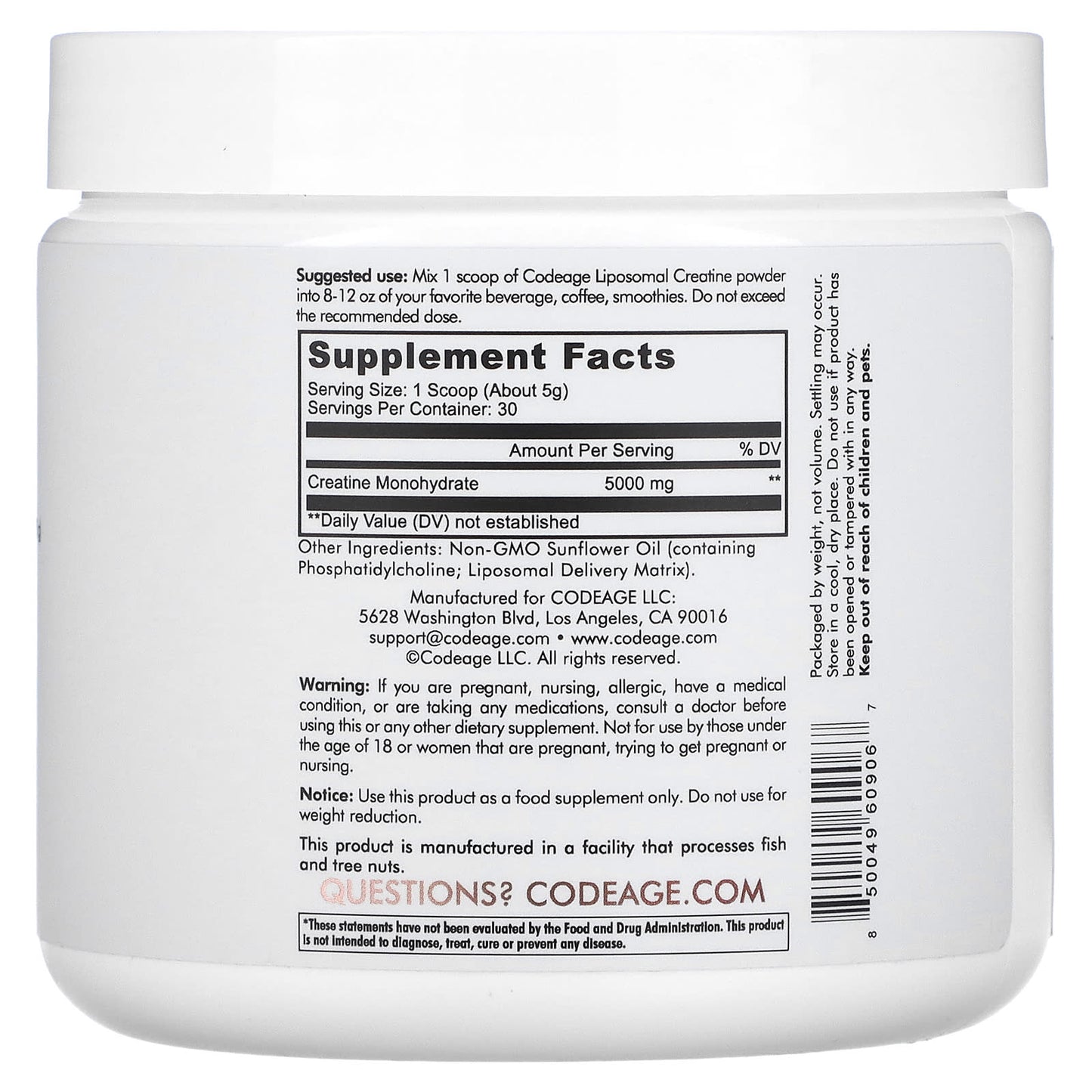 Codeage, Liposomal, Creatine Monohydrate Powder, Unflavored, 5.29 oz (150 g) UPC 850049609067 | HiLife Vitamins