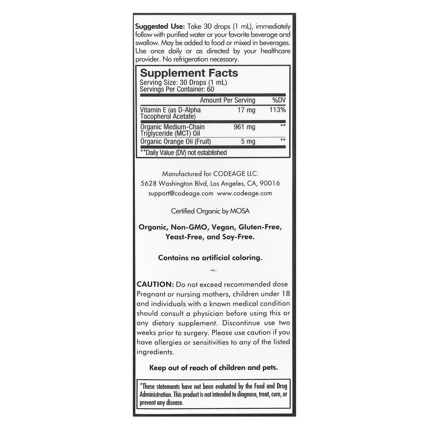 Codeage, Liquid Vitamin E+, Unflavored, 2 fl oz (59.2 ml) UPC 850049609142 | HiLife Vitamins