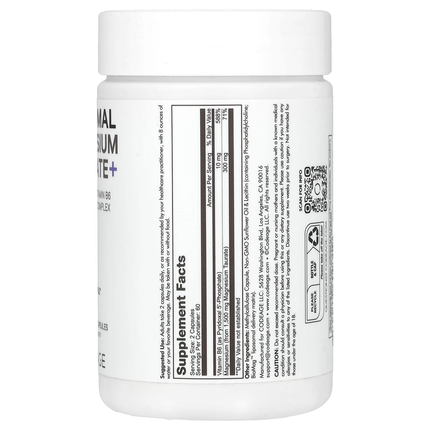 Codeage, Liposomal Magnesium Taurate+, 120 Vegetable Capsules UPC 850049609319 | HiLife Vitamins