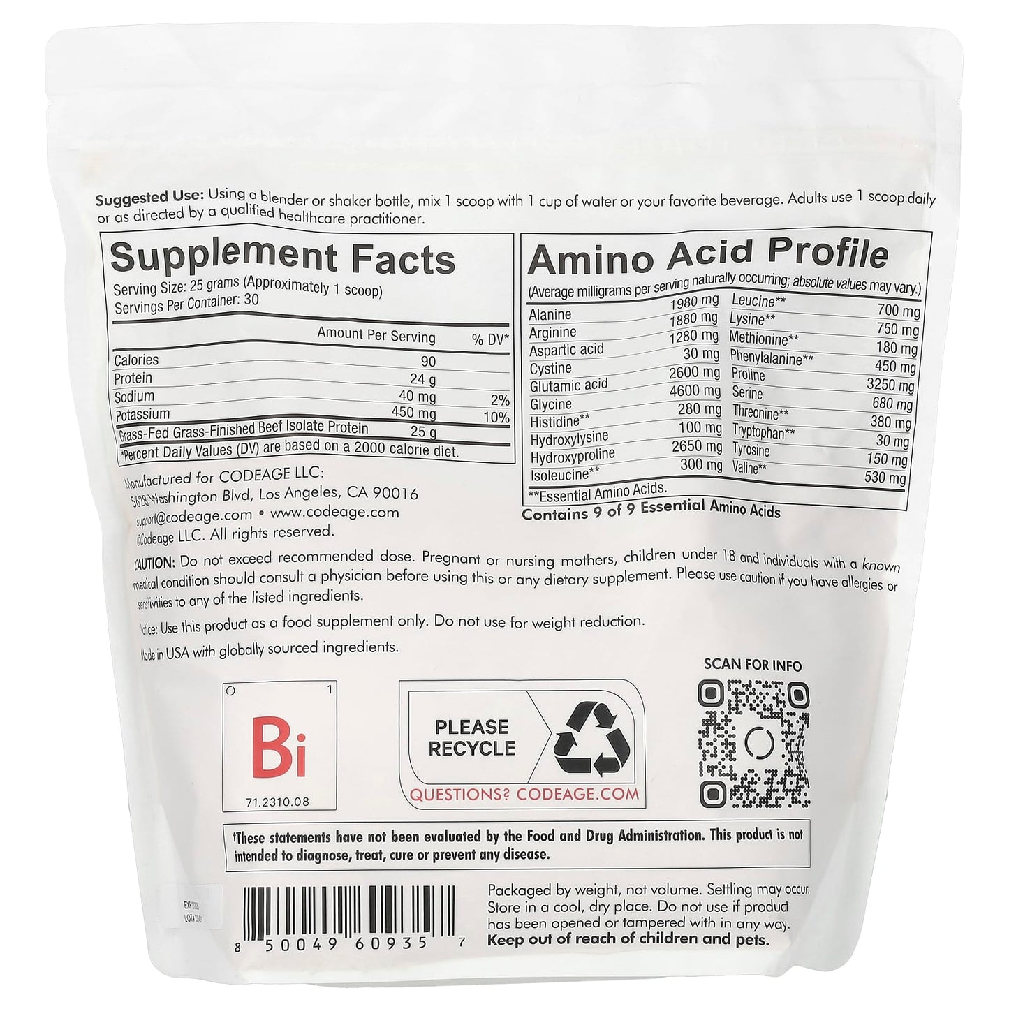 Codeage, Beef Isolate Protein Powder, Unflavored, 1.65 lbs (750 g) UPC 850049609357 | HiLife Vitamins