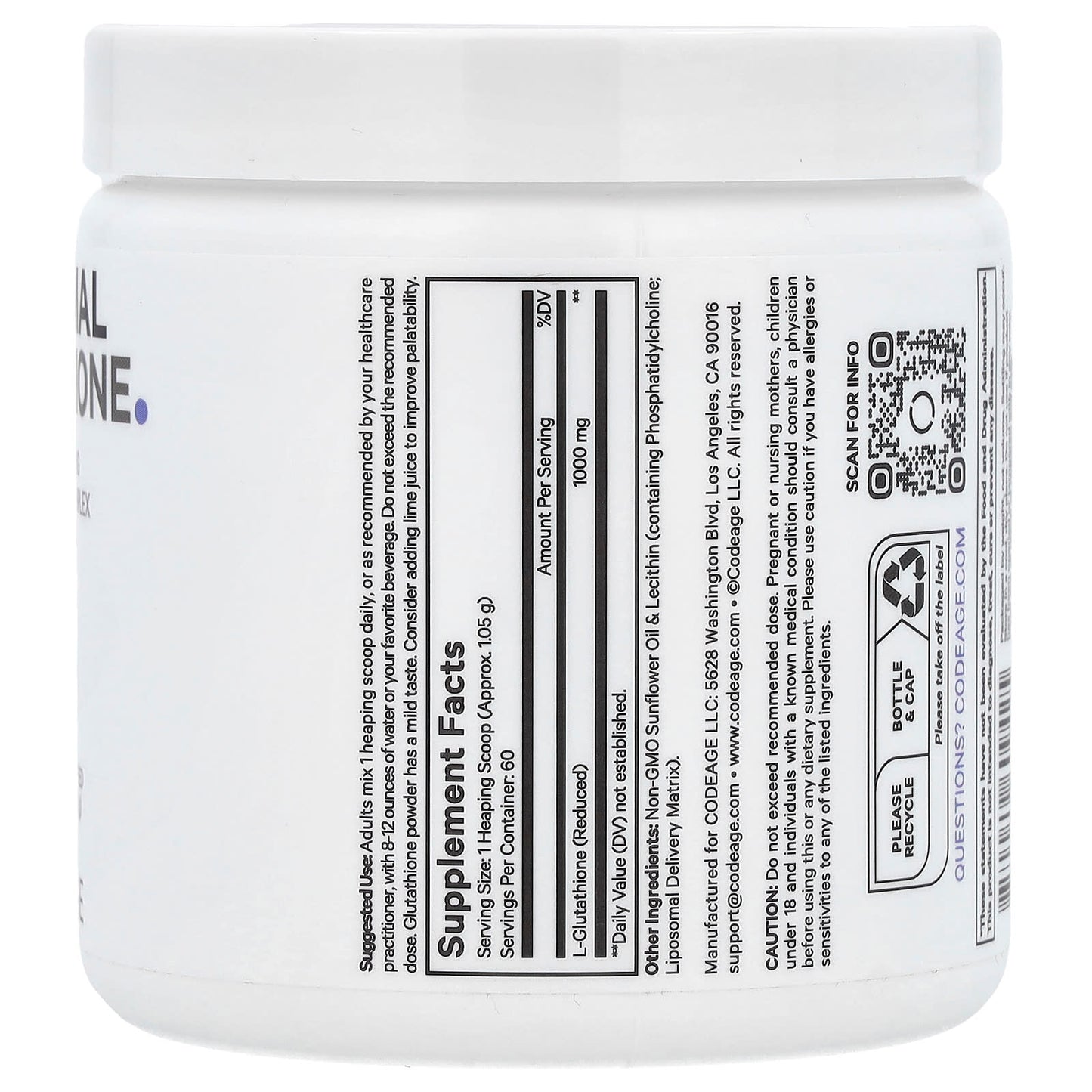 Codeage, Liposomal Glutathione Powder, Unflavored, 2.22 oz (63 g) UPC 850049609425 | HiLife Vitamins