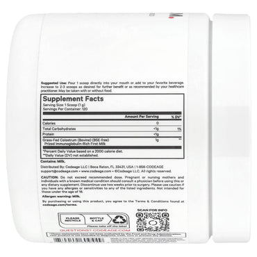 Codeage, Colostrum Powder, Unflavored, 4.3 oz (120 g) UPC 850049609449 | HiLife Vitamins
