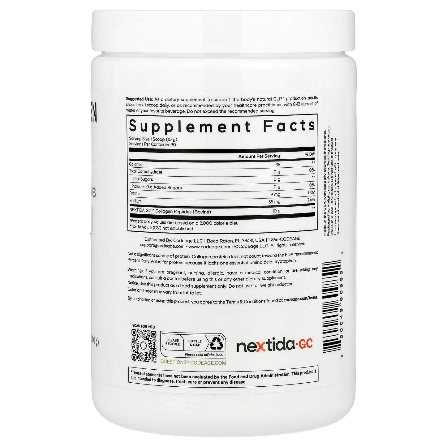 Codeage, GLP-1 Collagen Peptides Powder, Trim & Glow®, Unflavored, 10.58 oz (300 g) UPC 850049609852 | HiLife Vitamins