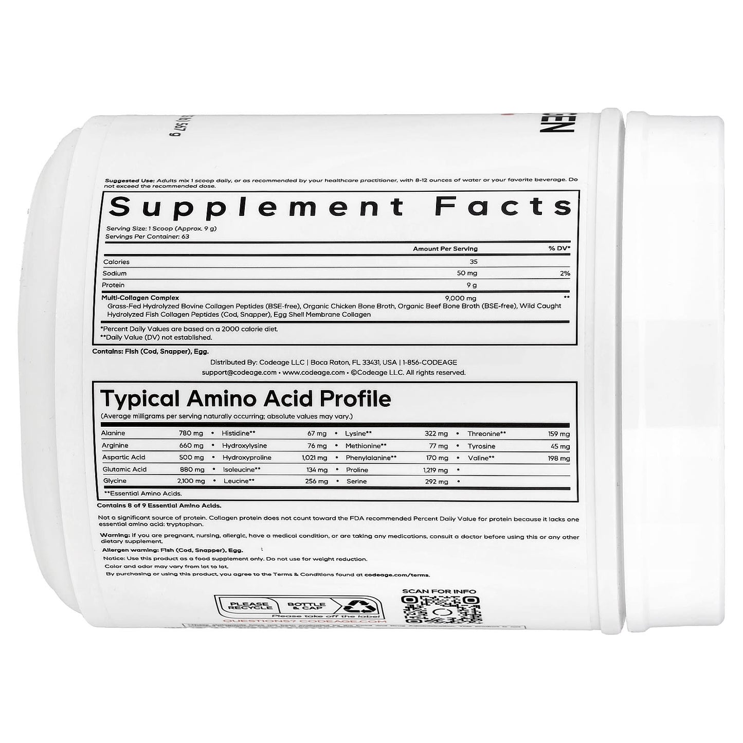 Codeage, Multi Collagen Peptides Powder, Unflavored, 20 oz (567 g) - 853919008021 | Hilife Vitamins