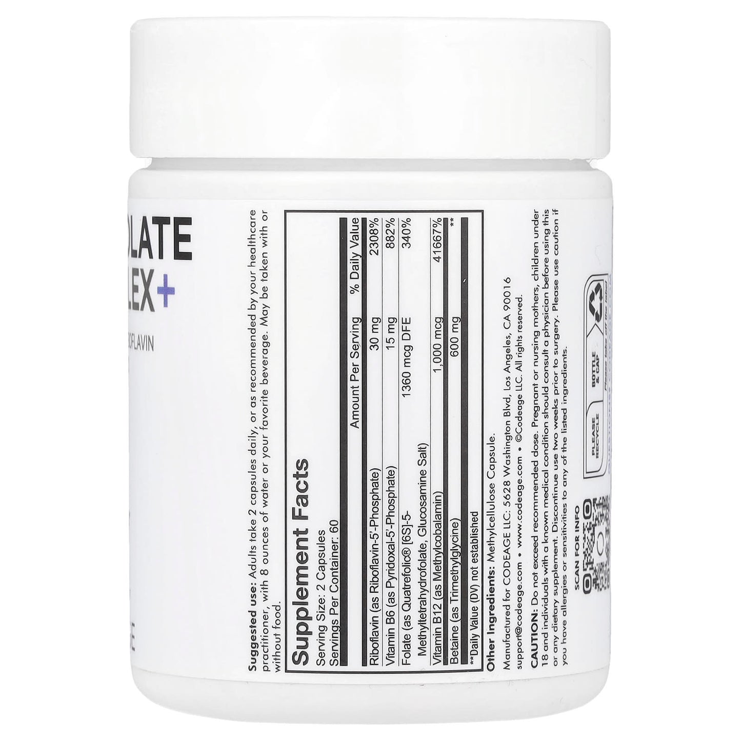 Codeage, Methylfolate B Complex+, 120 capsules UPC 853919008595 | HiLife Vitamins